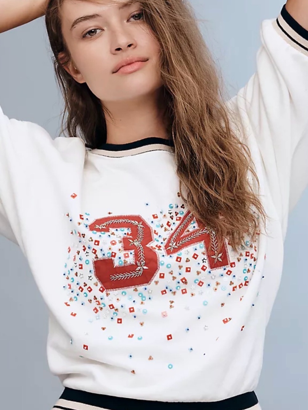 Pilcro White Crewneck Sweatshirt with Red Embellished '34'